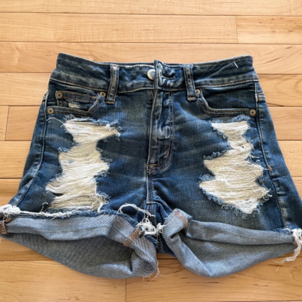 American Eagle Hi-Rise Shortie Distressed Denim Jean Shorts Size 0